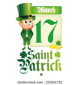 an isolated irish elf with a calendar, golden coins and text for patrick's day