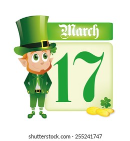 an isolated irish elf with a calendar and some golden coins for patrick's day