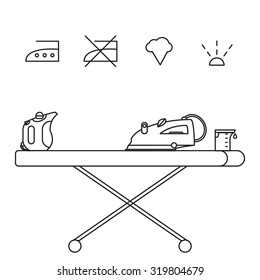 Isolated iron and hand steamer with symbols on ironing board and beaker. Modern vector illustration