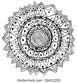 Isolated irregular round black and white hand-drawn mandala with lots of small parts, triangles, dots, circles, etc.