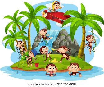 Isolated island with little monkeys cartoon illustration
