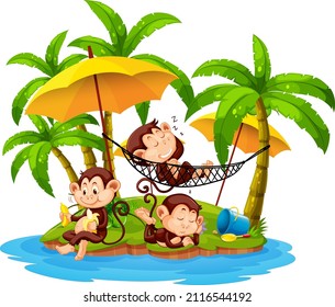 Isolated island with little monkeys cartoon character illustration