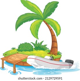 Isolated island pier with motorboat illustration
