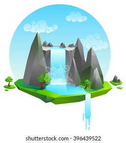 The isolated island in the sky with a waterfall and trees vector illustration