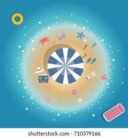 Isolated Island. Summer Paradise. Summer Vector Illustration. Seashore from top view. Background template. For cards, postcards, posters, banners.Crab, drink, sunscreen, clothes, seashell, etc.