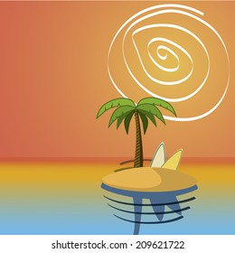 an isolated isle with a pair of surfboard and a palm tree
