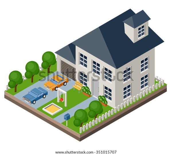 Isolated isomatic cottage. Country\
life. Garage. Green grass. Lawn. Swing. Vector\
illustration
