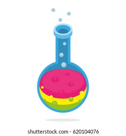 Isolated isometric alchemy flask with three color potions and bubbles
