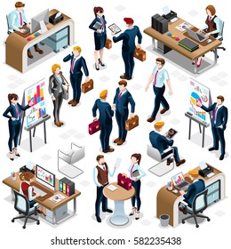 Isolated Isometric Business reunion training People. 3D meeting desk infographic crowd standing walking people icon set white background. Business Service Training Meeting background isometric vector