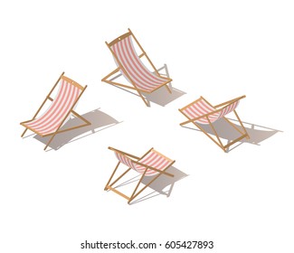 Isolated Isometric Chaise-longue Wooden Red Striped Deck Chair, Isolated On White Background. Deck Chair Or Beach Chaise Longue. Flat 3d Isometric Illustration.