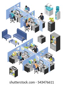Isolated isometric cubicle office workplaces set with desktop tables shelves and workers images on blank background vector illustration