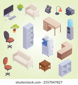 Isolated isometric elements of office interior with desk cooler chairs computer sofa printer book