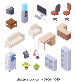 Isolated isometric elements of office interior with desk cooler chairs computer sofa printer book shelves 3d vector illustration