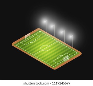 Isolated isometric football field icon. Isometric Illustration of the green with lights soccer field for the international championship