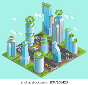 Isolated And Isometric Futuristic Skyscrapers Composition With A Lot Of Office Buildings In Downtown Area With Mirrored Windows And Helipads Vector Illustration