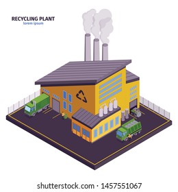 Isolated and isometric garbage illustration with recycling plant headline and modern building vector illustration