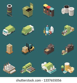 Isolated isometric garbage recycling icon set with separate recycle bag waste baskets and different factory vector illustration