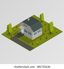 Isolated isometric gray house on the green area with trees and flowers. Vector illustration.