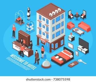 Isolated isometric hotel icon set with welcome to hotel headline and furniture vector illustration
