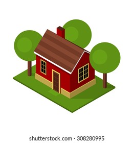 Isolated Isometric House Buildings with Garden and Trees. Vector