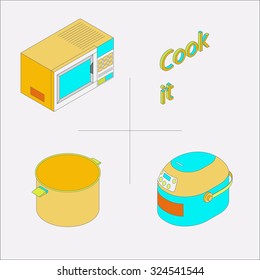 Isolated isometric icons set of kitchen appliances for cooking and heating