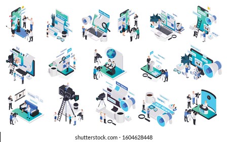 Isolated Isometric Journalistis Reporters News Media Icon Set With Hot Online And Latest News Vector Illustration