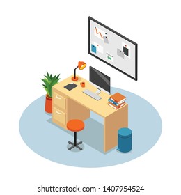 Isolated And Isometric Office Composition Workplace With Desk Monitor Chair And Table Vector Illustration