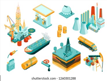 Isolated and isometric oil industry icon set with different elements and equipment describing the industry vector illustration