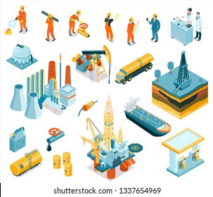 Isolated isometric oil industry workers icon set with employers working at the factory vector illustration