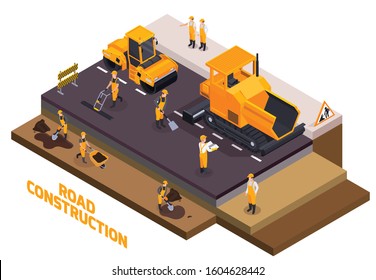 Isolated isometric road construction icon set and workers build roads   fill the asphalt vector illustration