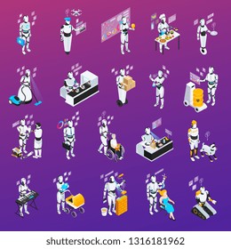 Isolated and isometric robot professions icon set police and home assistant chef baby sitter vector illustration