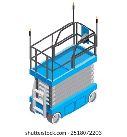 Elevador de tesoura isométrica isolada com ilustração de dispositivo anti-colisão. Equipamento móvel de plataforma de trabalho elevada para trabalhar em altura.