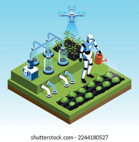 Isolated isometric smart farm isolated concept robots grow and water plant beds vector illustration