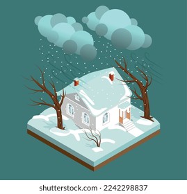 Isolated isometric storm weather large house and the adjacent territory is covered with heavy snow vector illustration