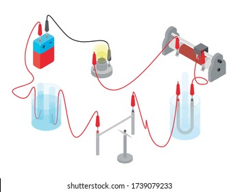 ilustración vectorial isométrica aislada del experimento físico utilizando un circuito eléctrico y una brújula para detectar campo magnético sobre un fondo blanco