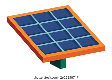 Uma vista isométrica isolada mostra um painel solar com molduras laranjas quadradas com células azuis e grades azuis claras, e uma base quadrada verde escura sobre um fundo branco.