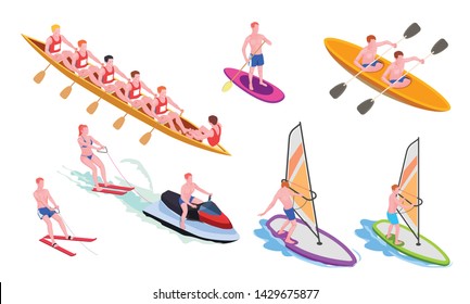 Isolated and isometric water sports icon set with diving windsurfing canoeing rowing snorkeling vector illustration