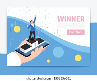 Isolated isometric winner banner with abstract composition and pink read more button composition vector illustration