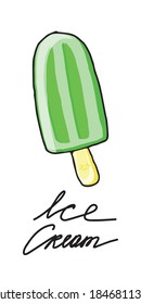 Un elemento aislado sobre un fondo blanco. Helado verde sobre un palo. Estilo Doodle. Vector. Helado. Bonita imagen. Adecuado para cafés, menús, recetas y afiches.