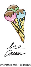 An isolated item on a white background. Multicolored balls of ice cream on a stick. Doodle style. Vector. Ice cream balls and hand lettering. Suitable for cafes, menus, recipes and posters.
