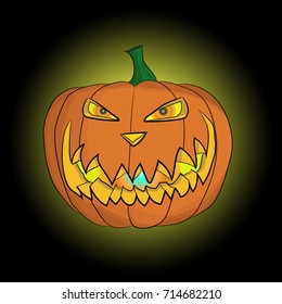 Isolated jack-o'-lantern carved from pumpkin for Halloween with yellow and luminous inside smile.