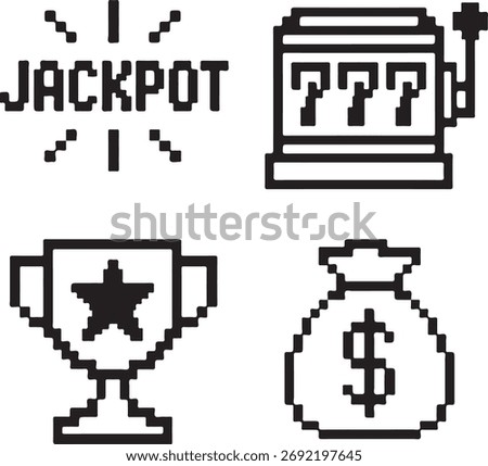 Isolated Jackpot Black Pixel Vector Icon Set, Pexels style casino slot lucky prize reward icon, jackpot black pixel vector retro 8 bit design for gaming and casino art