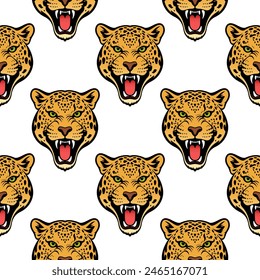 Isolated Jaguar Screaming Head Seamless Pattern vector illustration