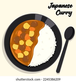 Isolated Japanese curry with meats, potatoes, and carrots on white rice. Traditional Asian food