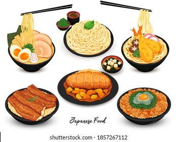 Isolated japanese food noodles and donburi recipe illustration design vector. (Ramen, Udon, Soba, Unadon, Gyudon and katsu curry rice)