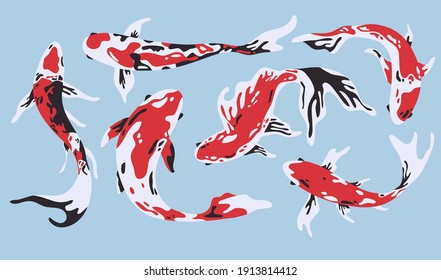 Isolated Japanese koi fish collection . Set of various exotic asian creatures. Abstract swimming animals, culture symbol, cartoon clipart.