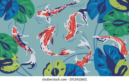 Isolated Japanese koi fish collection . Set of various exotic asian creatures. Abstract swimming animals, culture symbol, cartoon clipart.