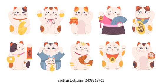 Isolated japanese neko cats. Traditional maneki cat or lucky oriental symbols. Good luck, asian symbol of wealth. Cute cartoon racy vector set svg