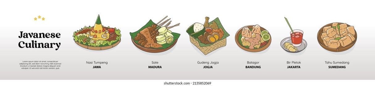 Isolated Javanese Culinary Food Bundle. Traditional Cuisine Hand Drawn Illustration Vector.