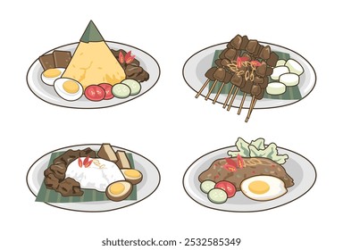 Isolated Javanese culinary food bundle. Traditional cuisine hand drawn illustration simple cute vector style Indonesian food